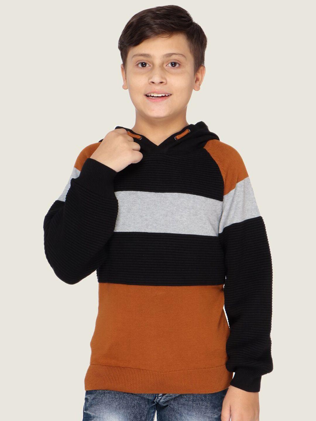 lasnak boys mustard & black colourblocked hooded cotton pullover sweater