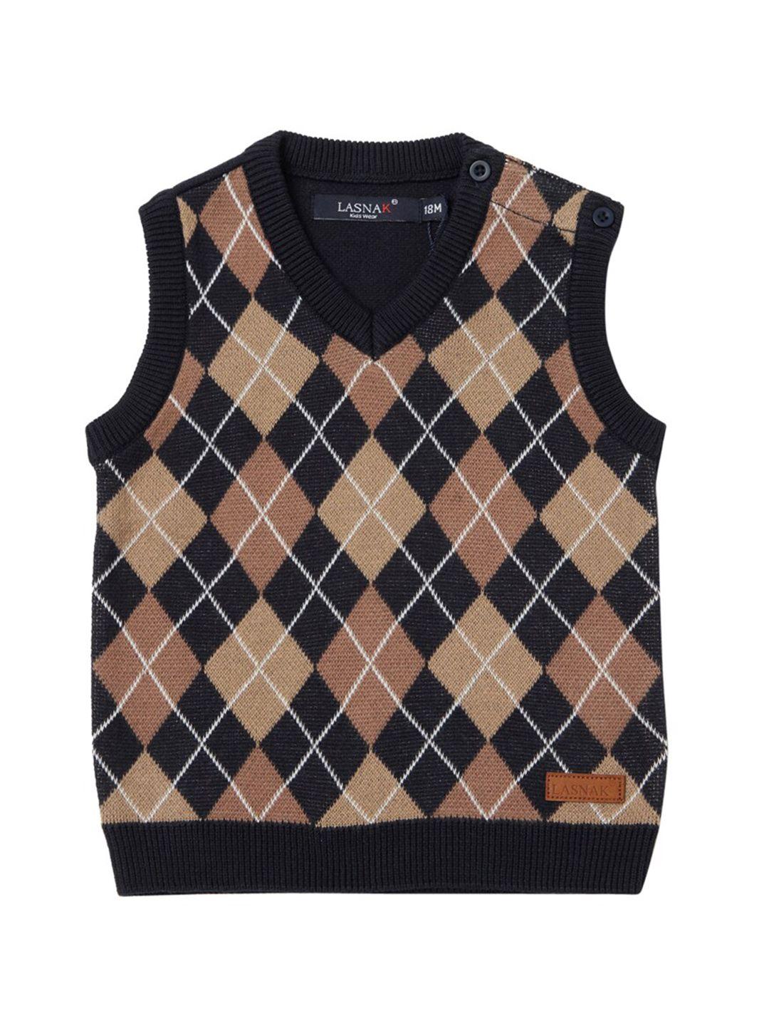lasnak boys navy blue & brown printed sweater vest