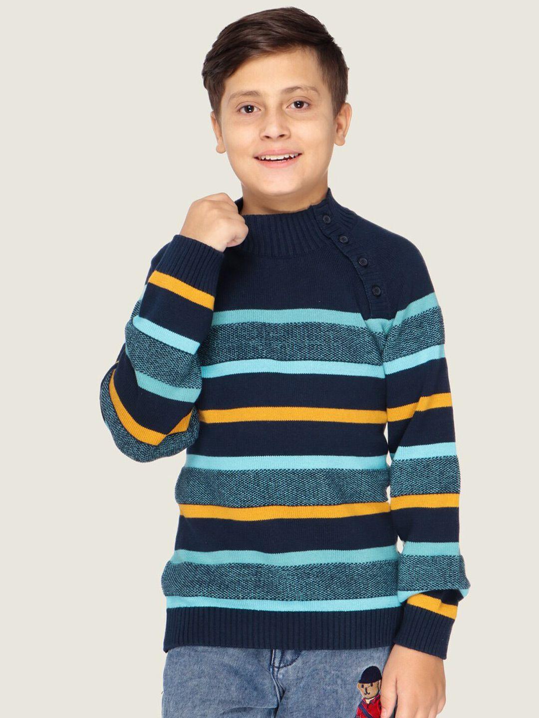 lasnak boys navy blue & mustard striped cotton pullover sweater