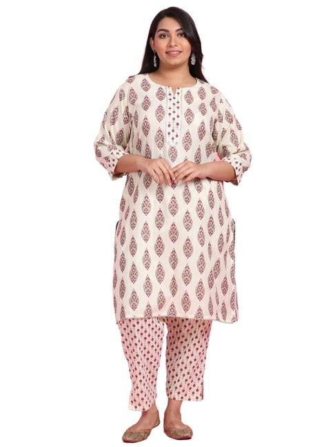 lastinch beige & pink cotton printed kurta with pants