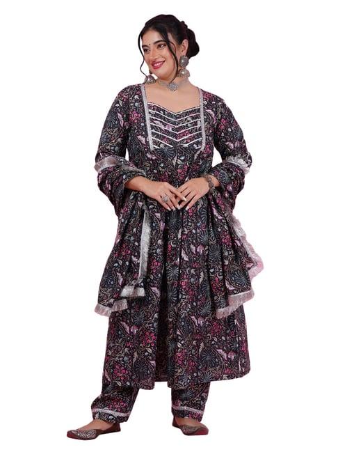 lastinch black & pink cotton floral print kurta with pants & dupatta