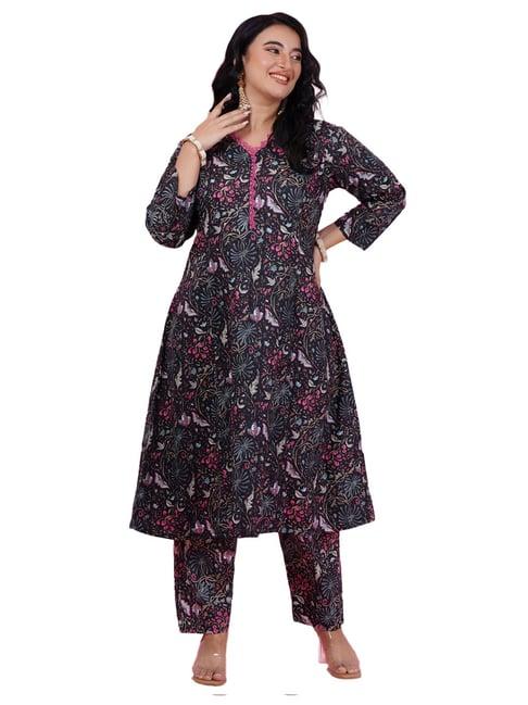 lastinch black & pink cotton floral print kurta with pants