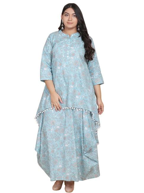 lastinch blue & white cotton floral print kurta with dhoti skirt