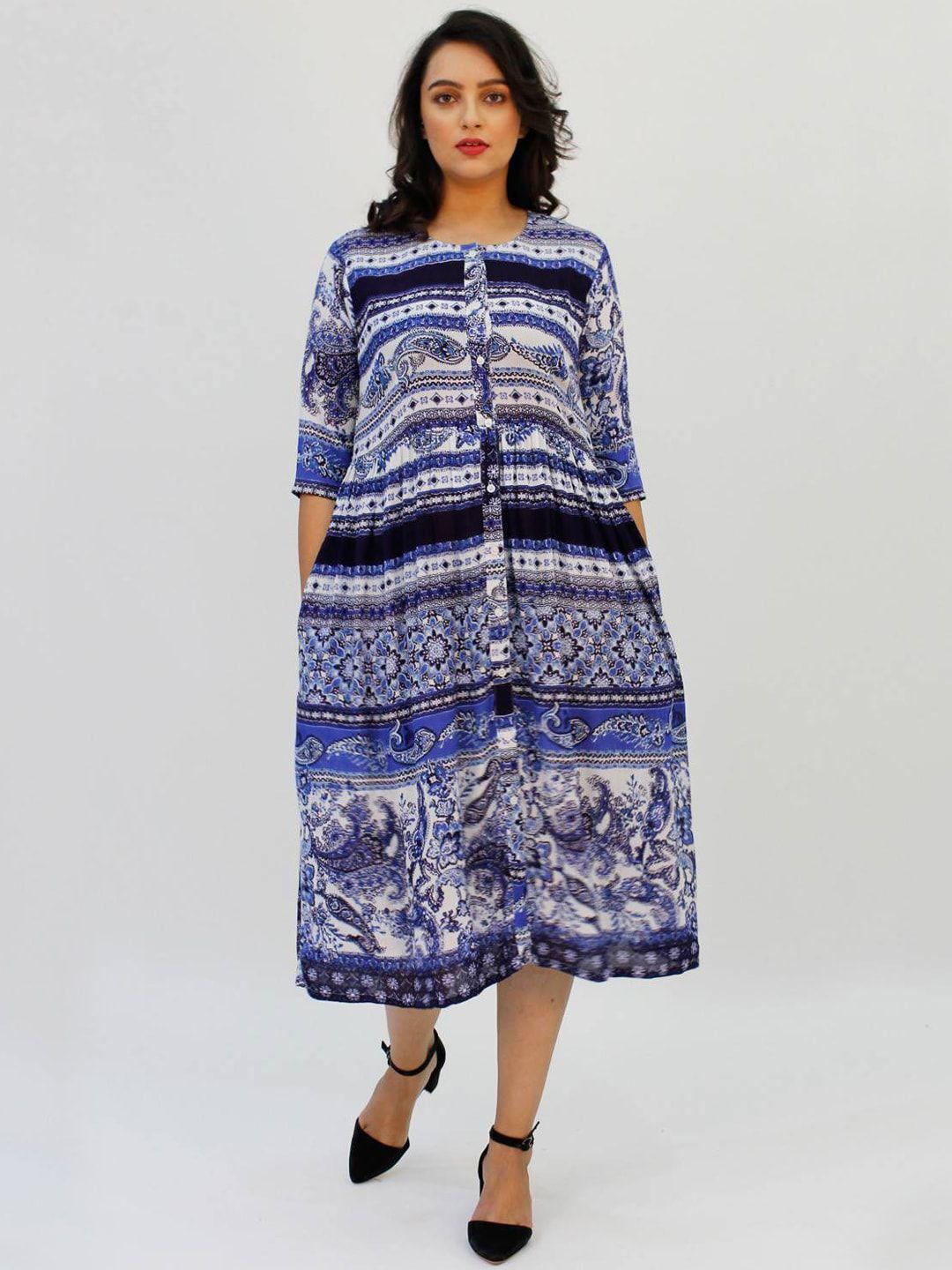 lastinch blue ethnic motifs printed a-line midi dress