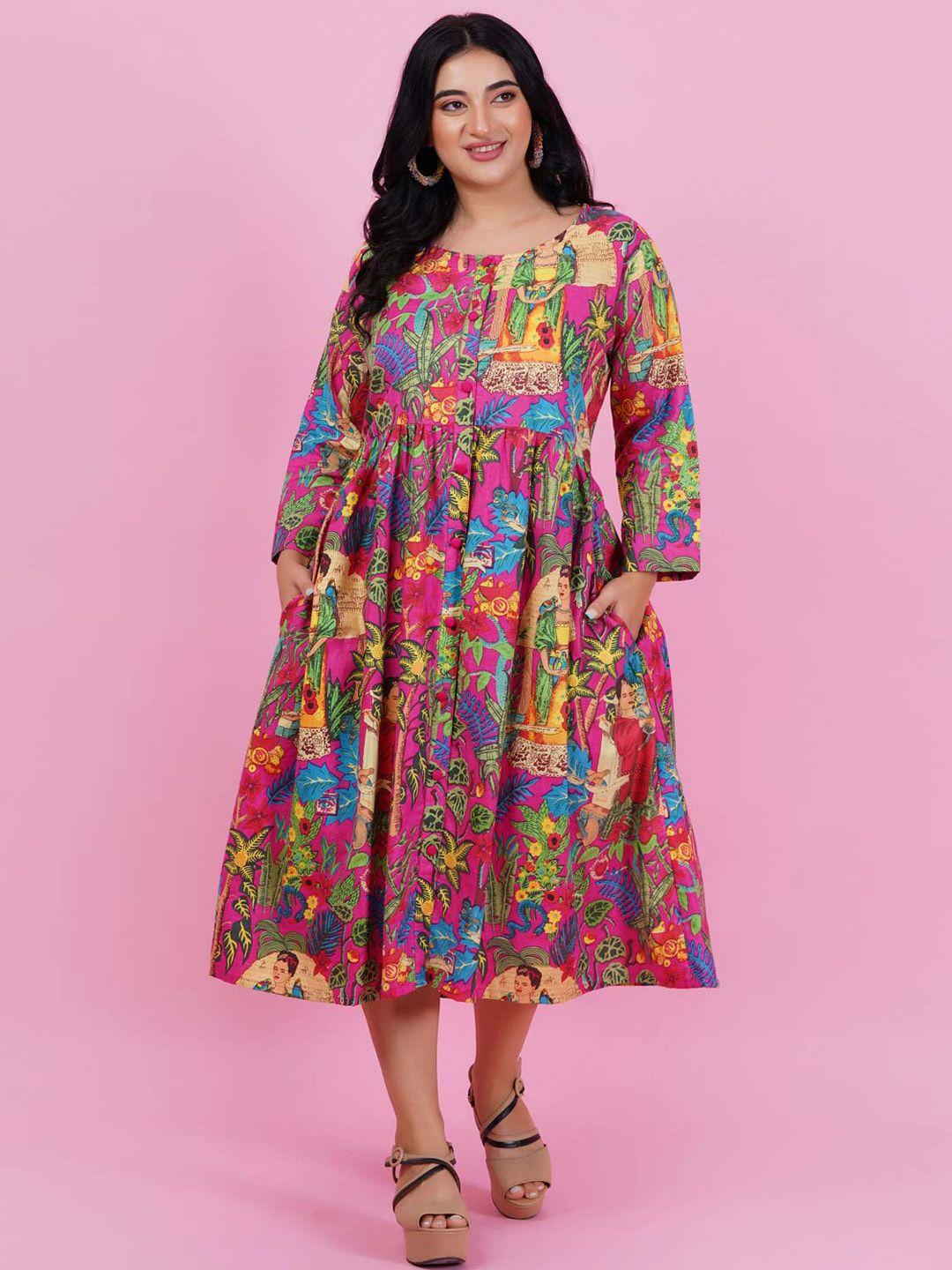 lastinch floral printed gathered cotton fit & flare midi dress