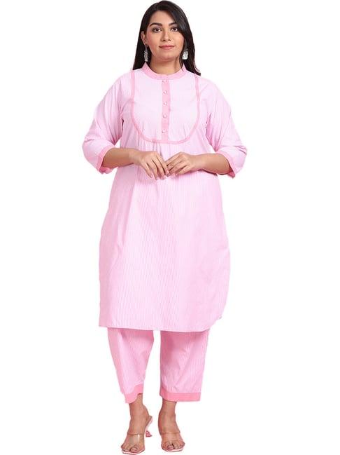 lastinch pink & white cotton striped kurta with pants