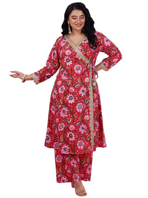 lastinch red & pink cotton floral print kurta with palazzos