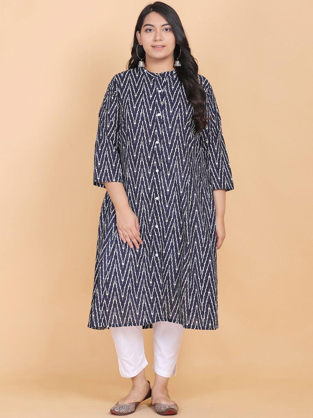 lastinch women navy blue chevron printed a-line kurta