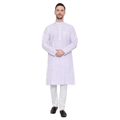 latest chikan broad striped cotton men's long kurtas,40 purple