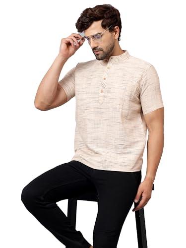 latest chikan men's cotton blend regular textured short kurta half sleeves - casual ethnic wear beige