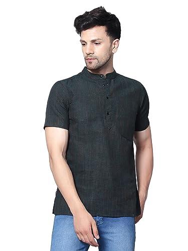 latest chikan men's cotton blend regular textured short kurta half sleeves - casual ethnic wear bottle green