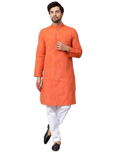 latest chikan men's cotton long kurta full sleeves - casual ethnic wear,40 orange