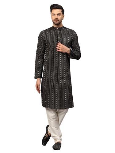 latest chikan men's cotton regular striped knee lenght kurta full sleeves (lk-dsd-bk-38) black