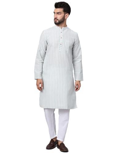 latest chikan men's cotton regular striped long kurta full sleeves - casual ethnic wear - lk -2s-gr-44 green