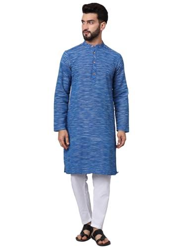 latest chikan men's cotton regular textured long kurta full sleeves - casual ethnic wear - lk-ik-bl-38 blue