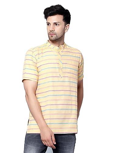 latest chikan men's cotton regular textured strped short kurta half sleeves - casual ethnic wear lemon