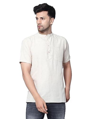 latest chikan men's cotton regular textured strped short kurta half sleeves - casual ethnic wear light beige