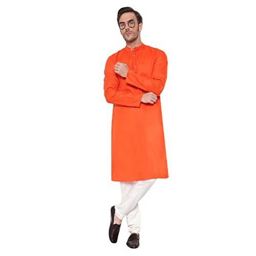 latest chikan men's cotton solid long kurta full sleeves - casual ethnic wear (large, orange)