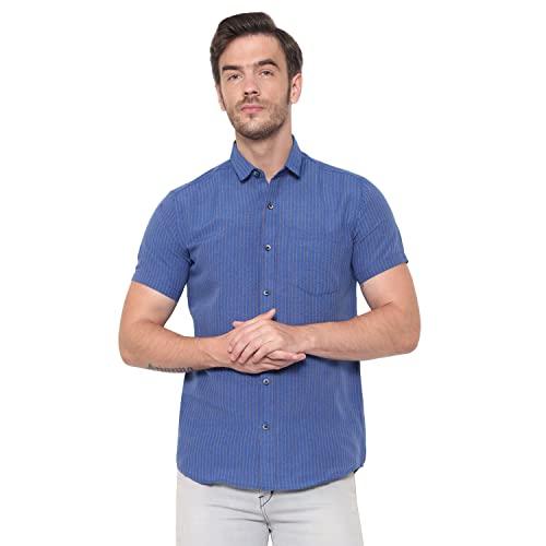 latest chikan men's cotton striped half sleeves shirt (small, blue)