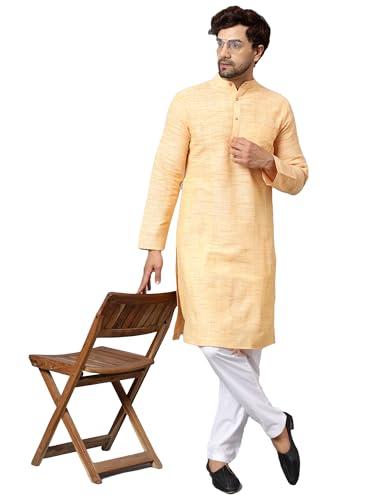 latest chikan men's full sleeve salab cotton blend ethnic wear regular long kurta (light yellow, 42)