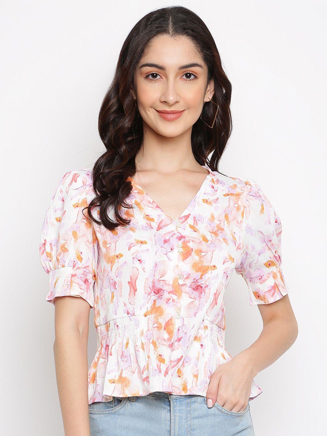 latin quarters abstract printed puff sleeves peplum top