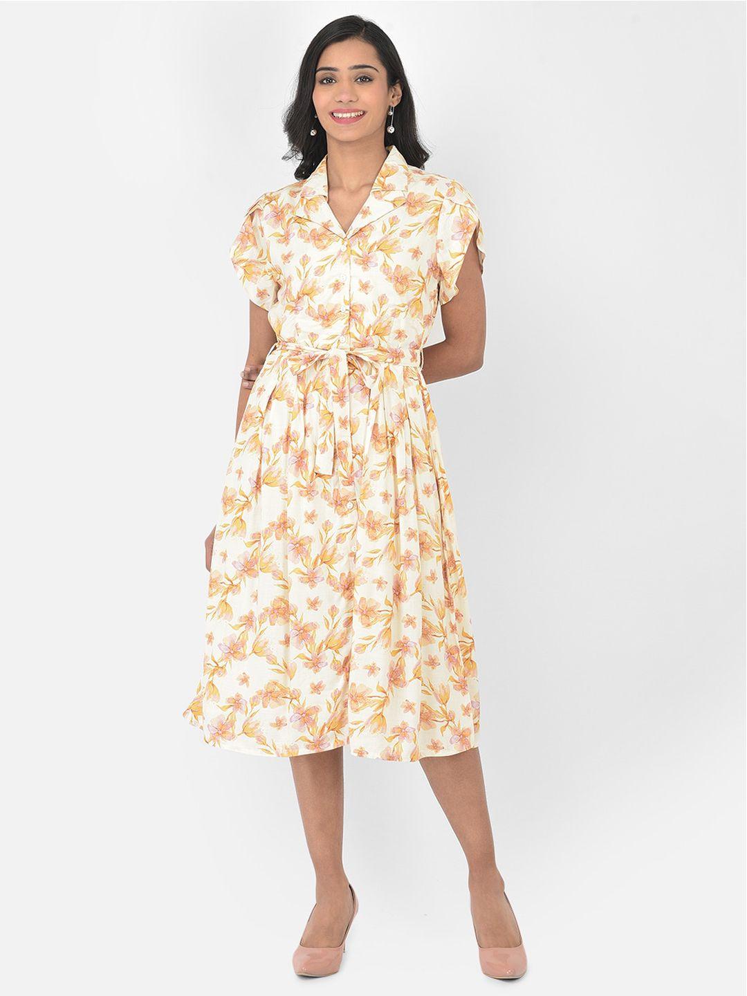 latin quarters beige floral printed fit & flare midi dress with fabric belt