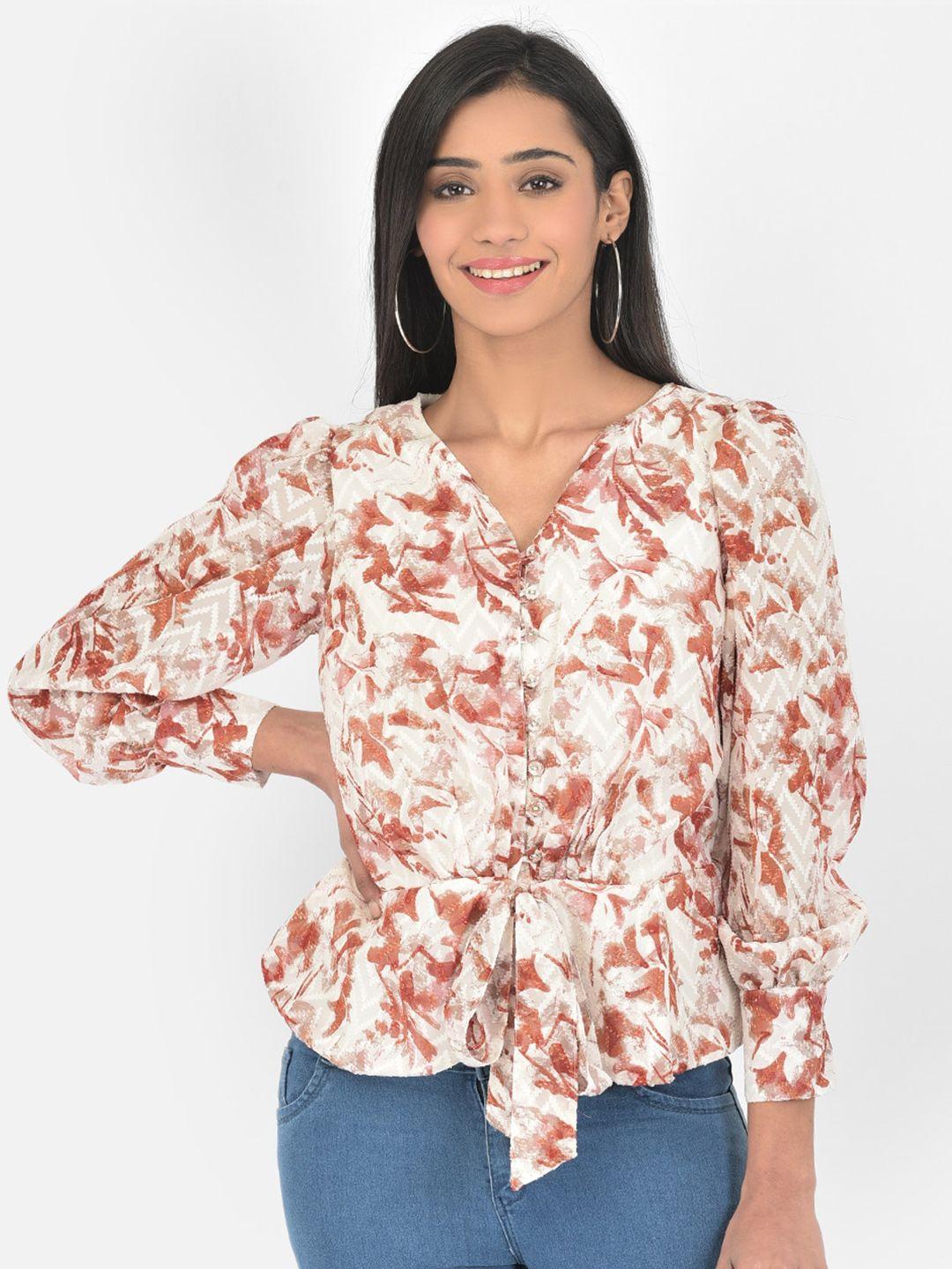 latin quarters brown & white floral print cinched waist top