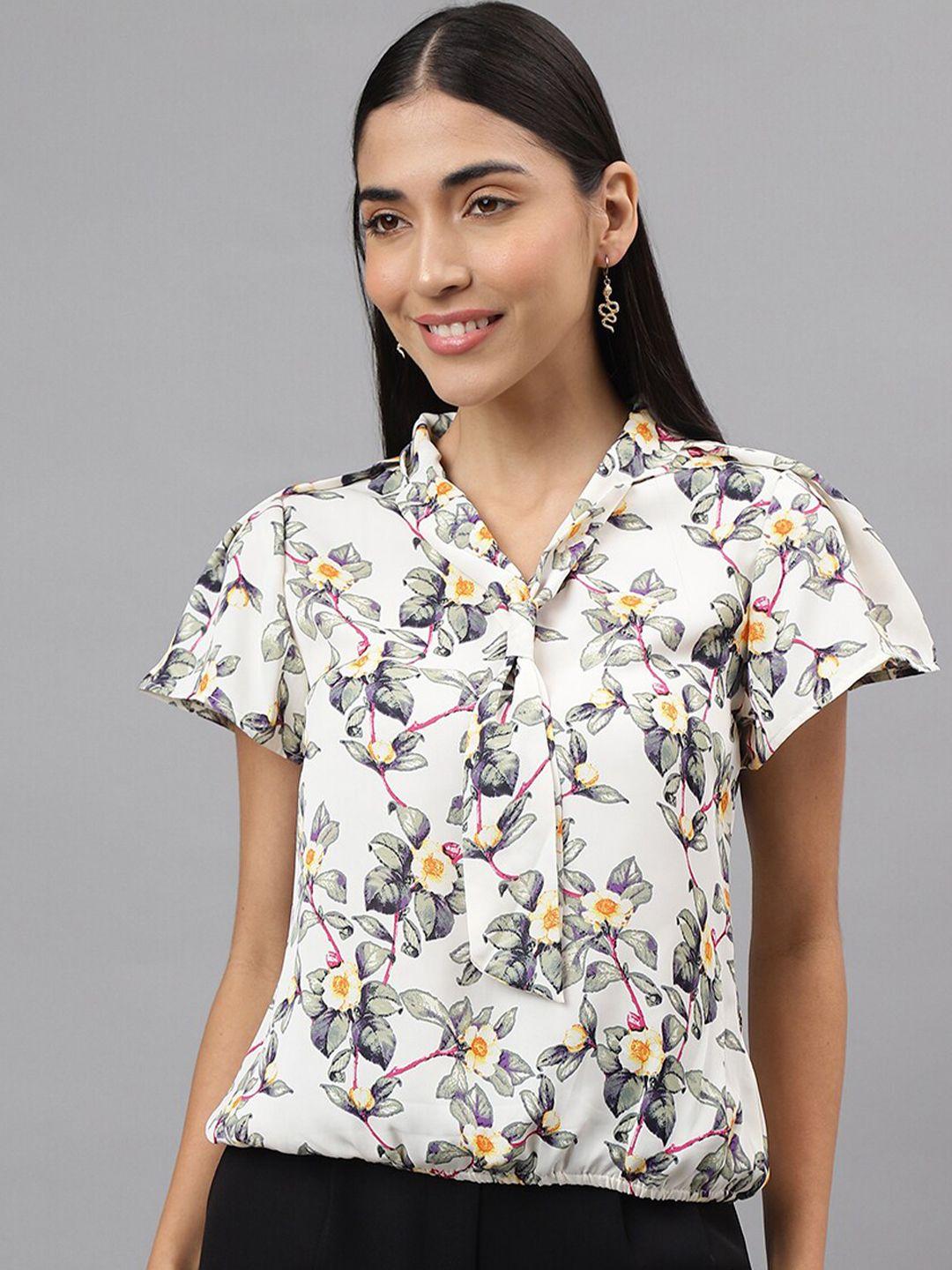 latin quarters floral print tie-up neck flared sleeve opaque top