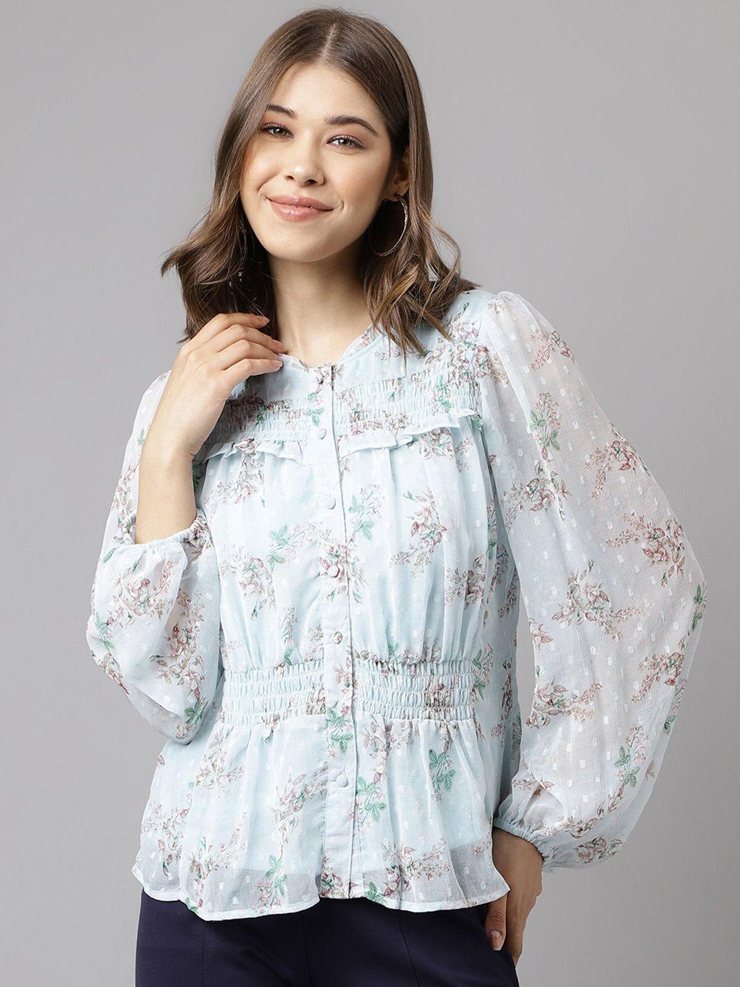 latin quarters floral printed puff sleeve ruffles cinched waist top