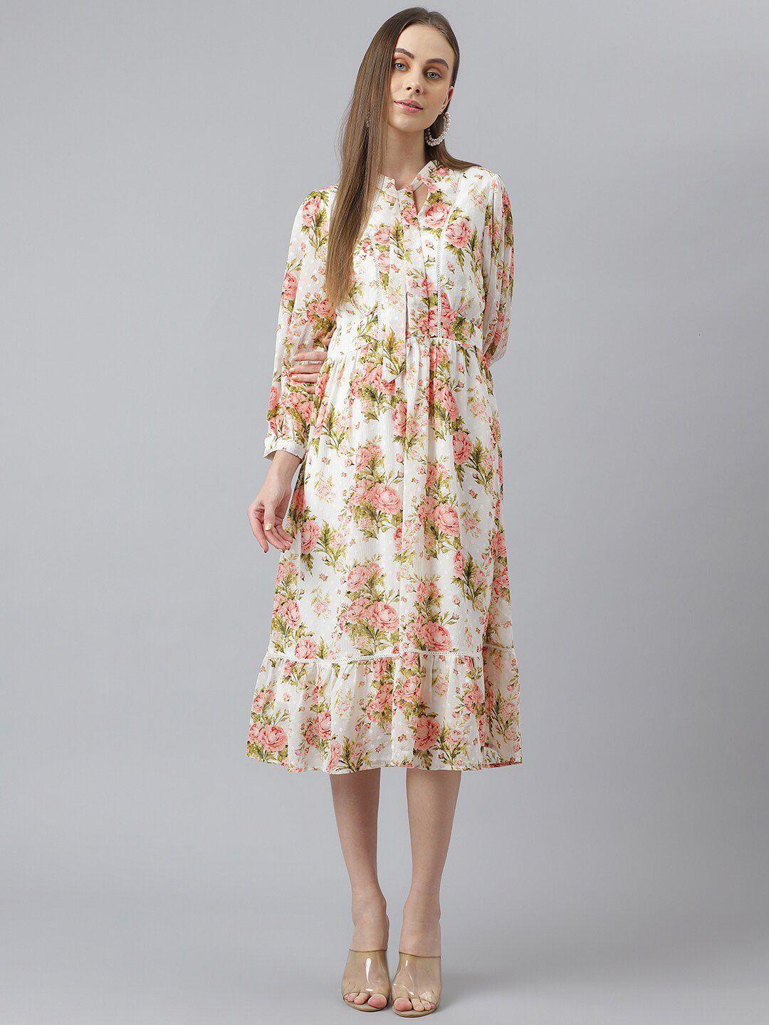 latin quarters floral printed tie up neck puff sleeves fit & flare midi dress