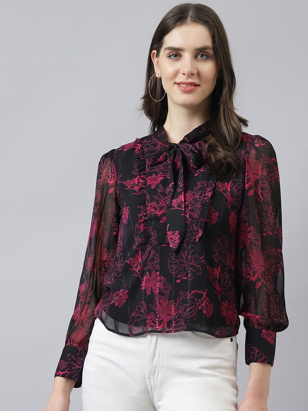 latin quarters floral printed tie-up neck ruffled shirt style top