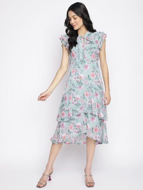 latin quarters light blue & pink floral print a line dress