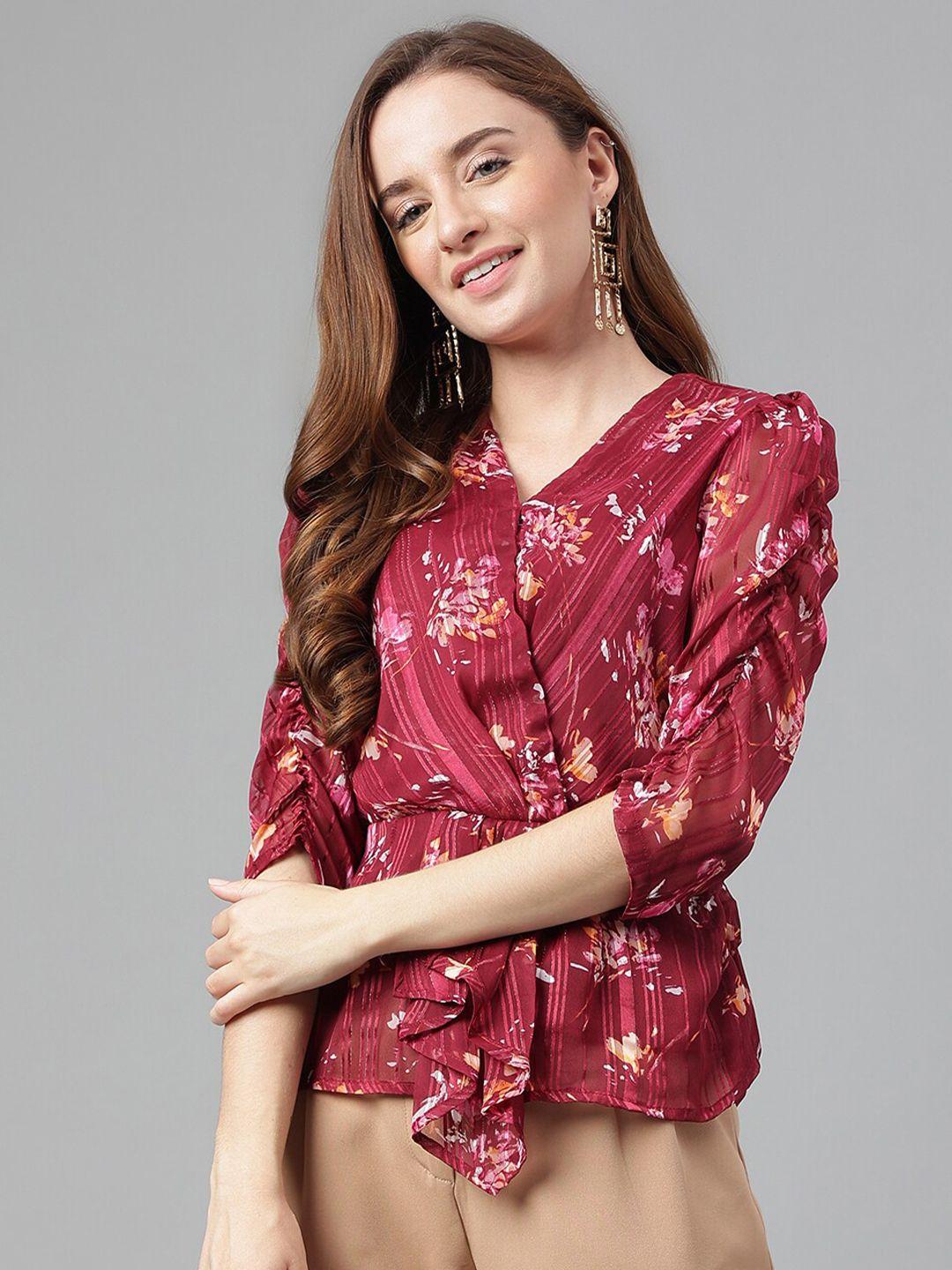 latin quarters maroon floral print puff sleeve wrap top