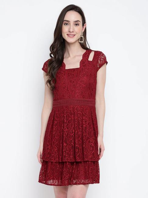 latin quarters maroon self design fit & flare dress