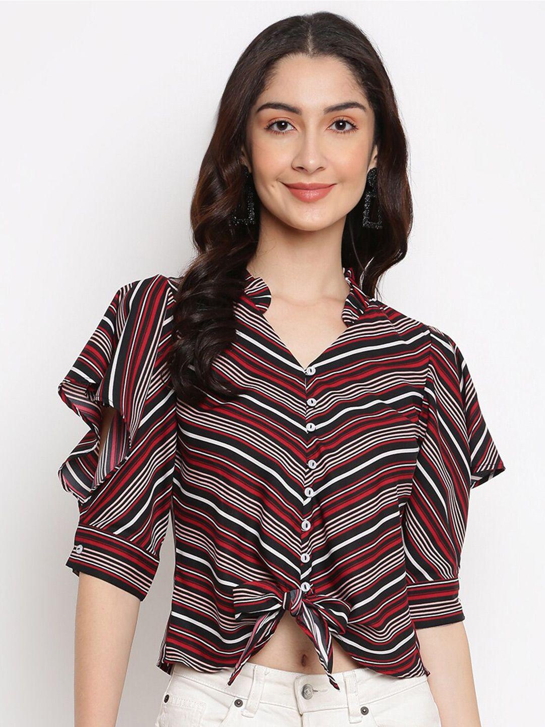 latin quarters red geometric striped v-neck collar bohemian crop top  with knot