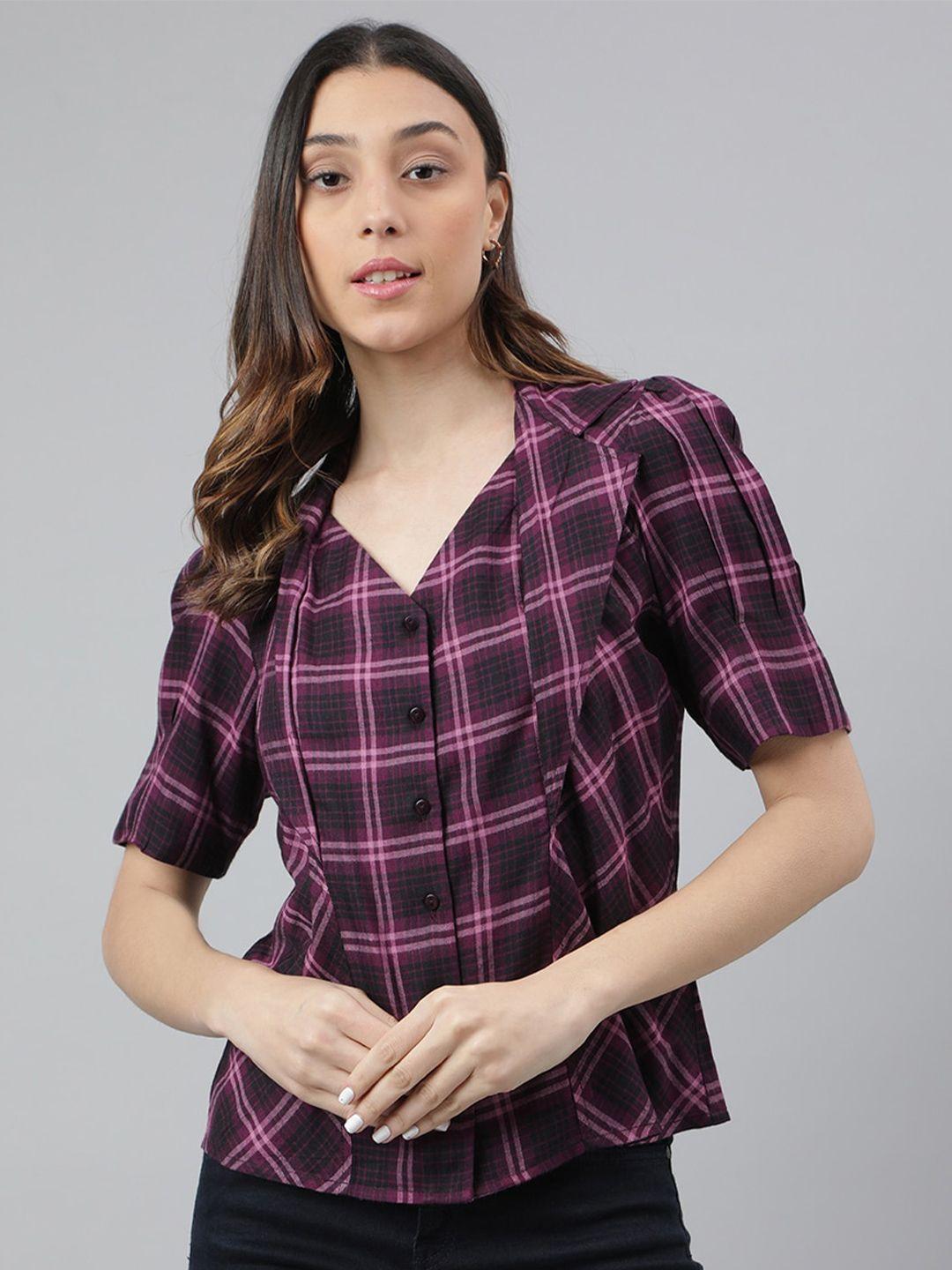 latin quarters shirt collar checked puff sleeve top