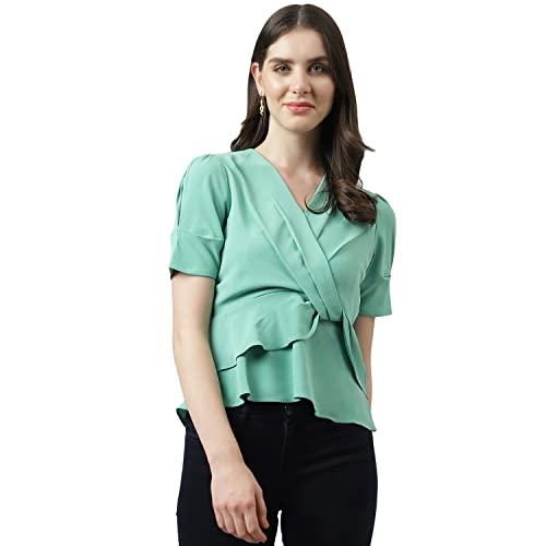 latin quarters women green peplum top with puffer sleeves & v neckline