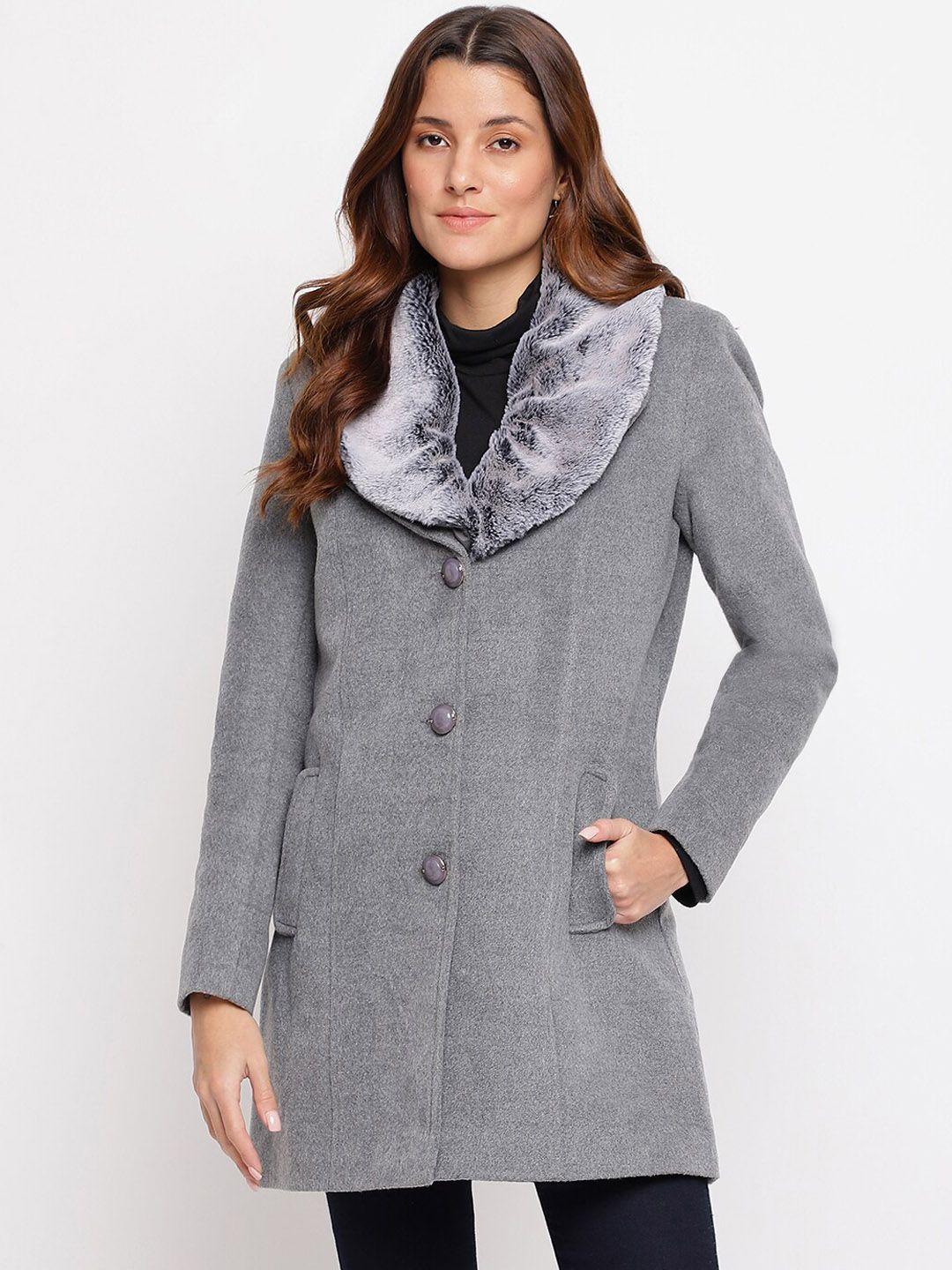 latin quarters women grey solid fur collar overcoat