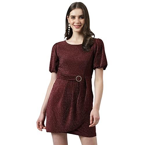 latin quarters women maroon sheath dress with round neck puffer sleeves & self belt design