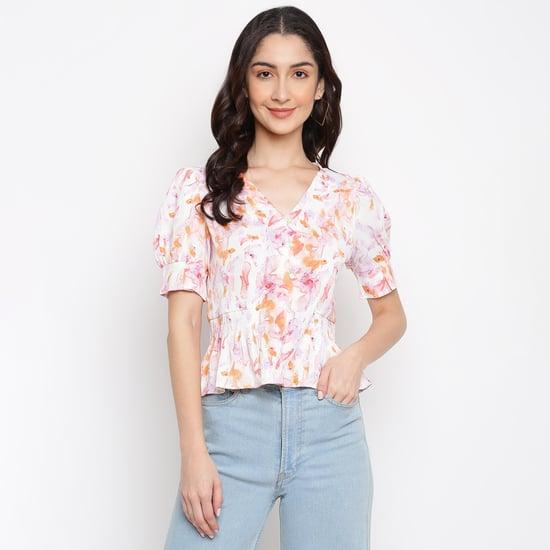 latin quarters women printed puffed sleeve peplum top