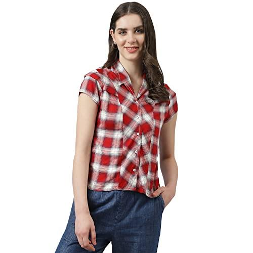 latin quarters women red check shirt top with short sleeves & collered neck