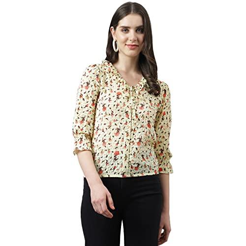 latin quarters women yellow printed top with ruffles