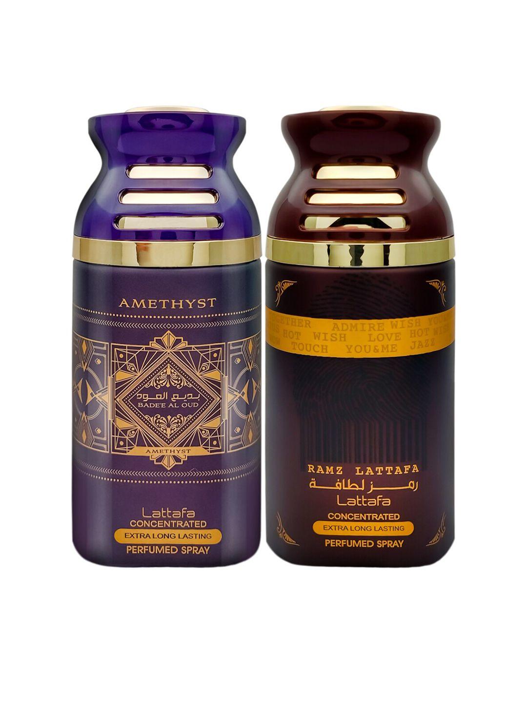 lattafa set of 2 badee al oud (amethyst) & ramz gold perfumed spray body