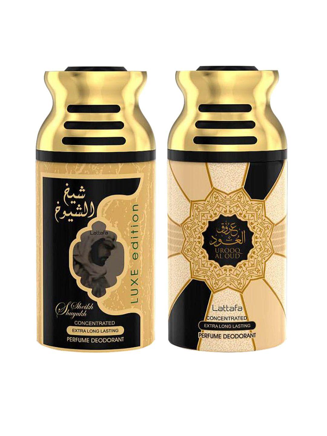lattafa 2pcs sheik al suyukh luxe edition & urooq al oudh perfumed deodorant body spray