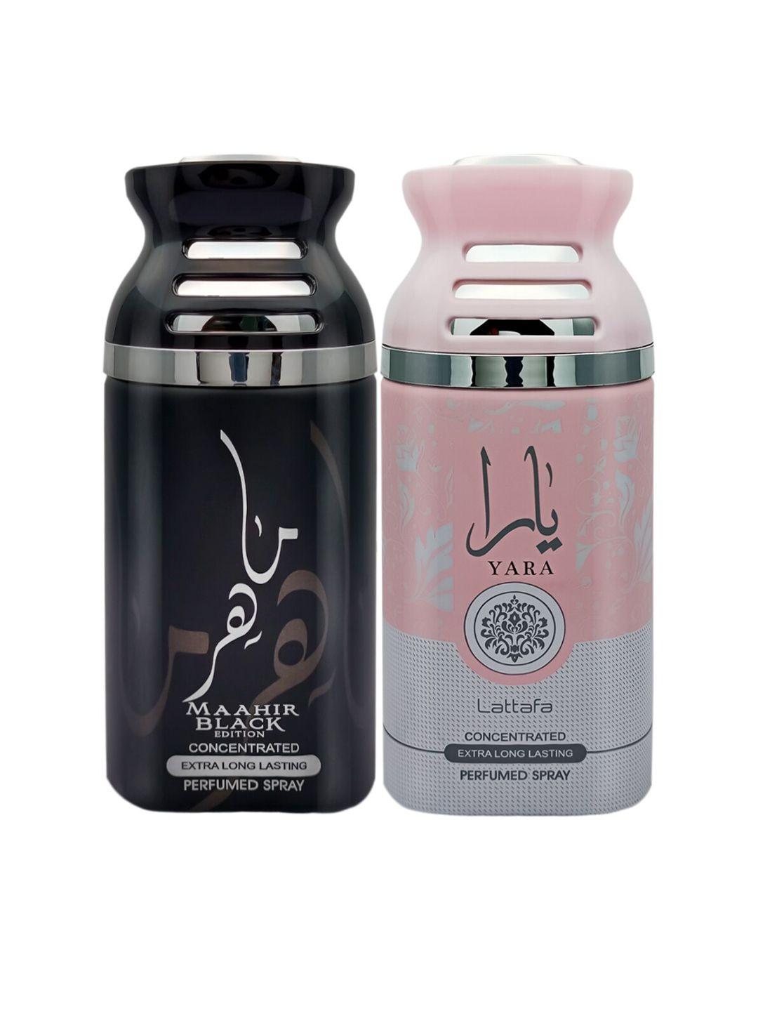 lattafa black pack of 2 maahir black & yara perfumed spray body 250ml each