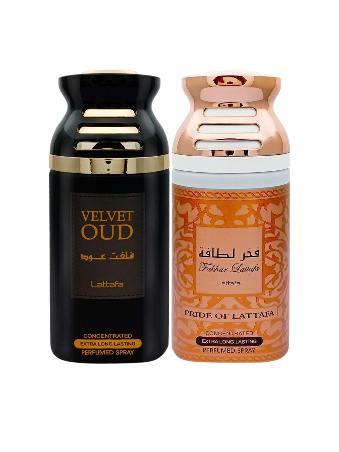 lattafa black pack of 2 velvet oud & fakhar pink pride perfumed spray 250ml each