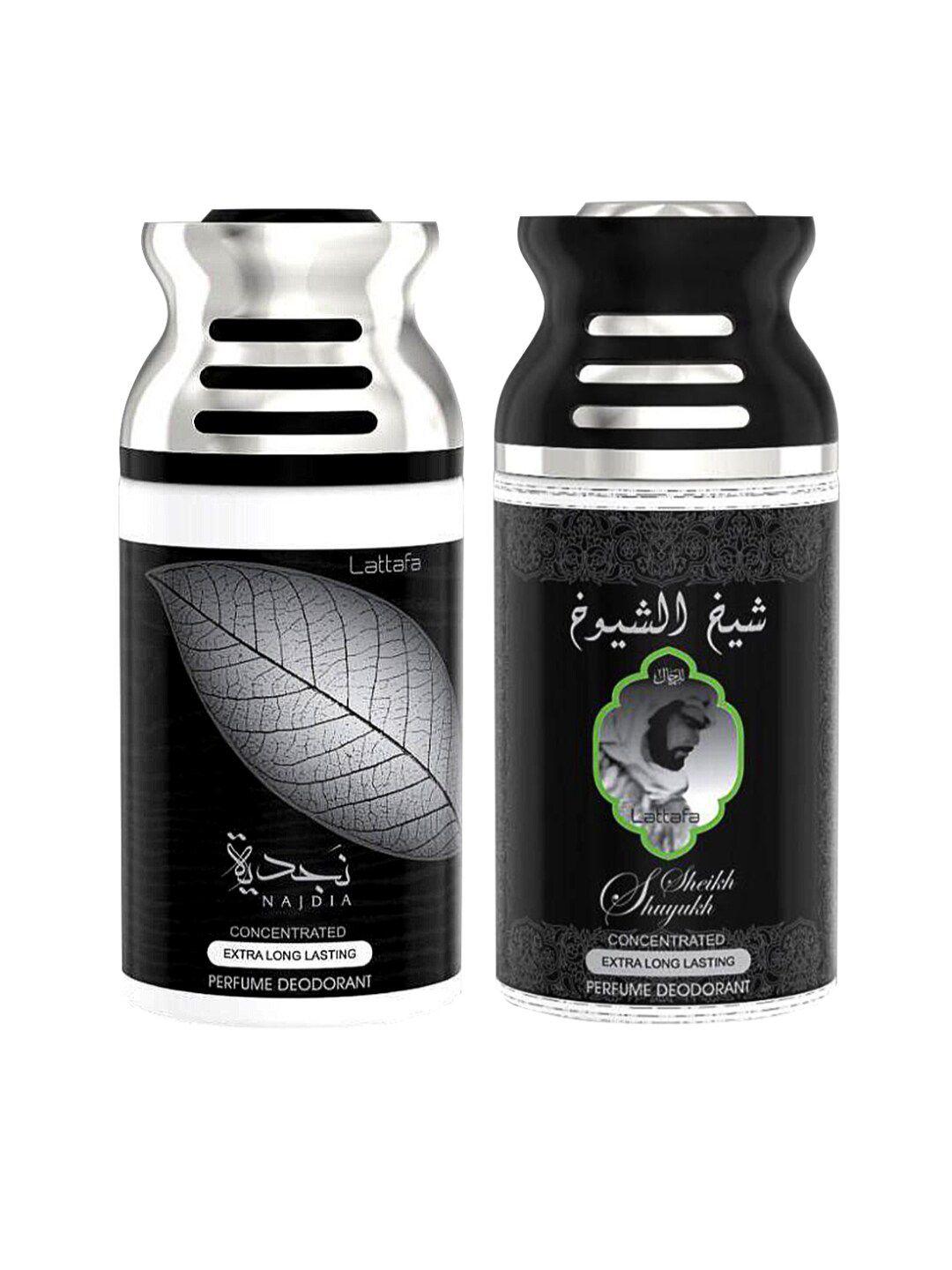 lattafa black set of 2 najdia & sheik al shuyukh perfumed deodorant  250 ml