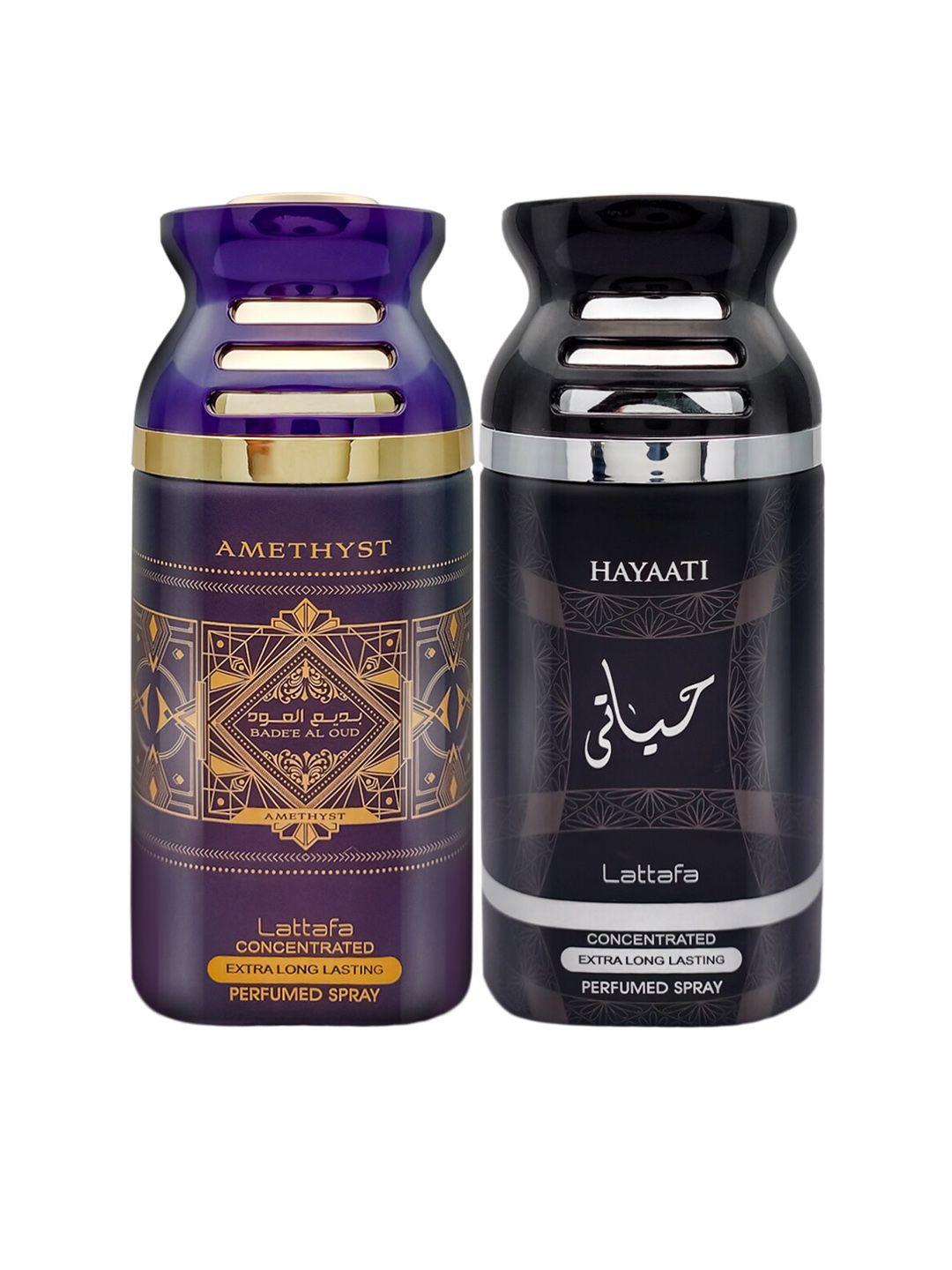 lattafa pack of 2 badee al oud & hayaati concentrated perfumed spray body - 250ml each