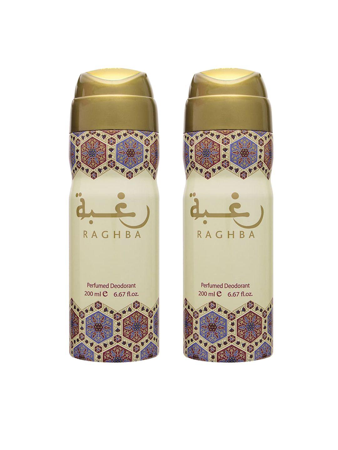 lattafa pack of 2 brown raghba wood intense perfumed deodorant spray 200ml