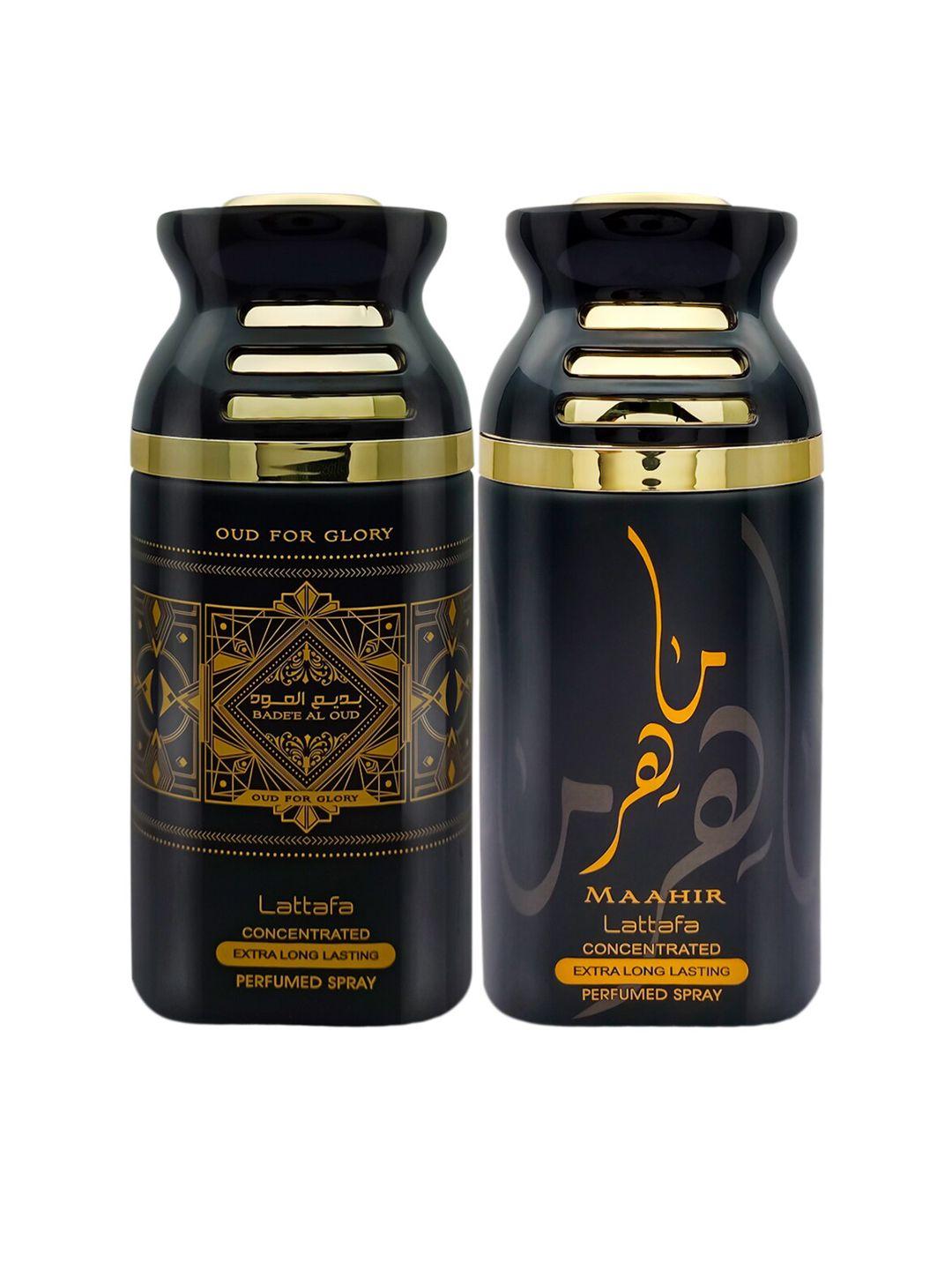 lattafa pack of 2 maahir gold & badee al oud perfumed spray body - 250ml each